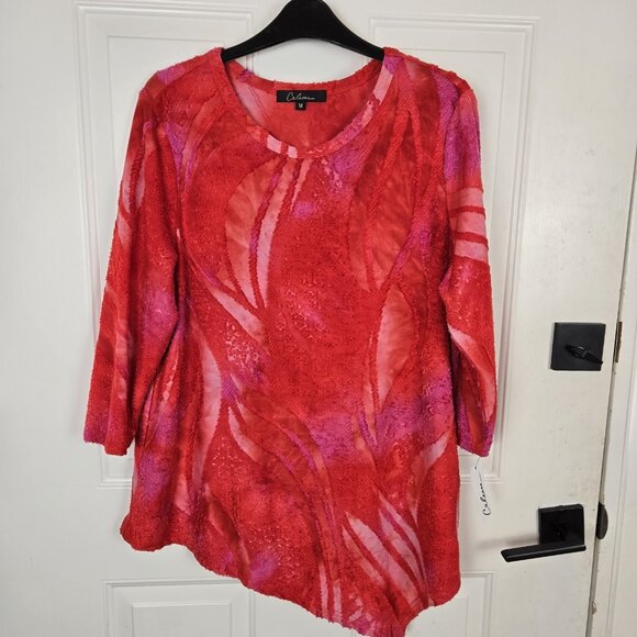 Calessa Womens Asymmetrical Tunic Top Size M Red Lagenlook Textured Colorful - Picture 1 of 15